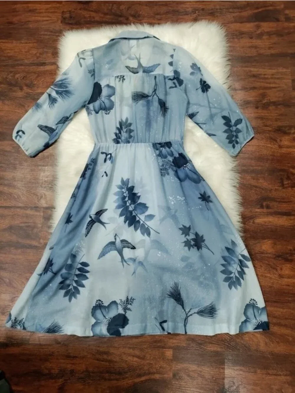 VTG 60's Petites By Penny Young Floral Bird Print Midi Dress Blue Womens Size 10 - Picture 15 of 15